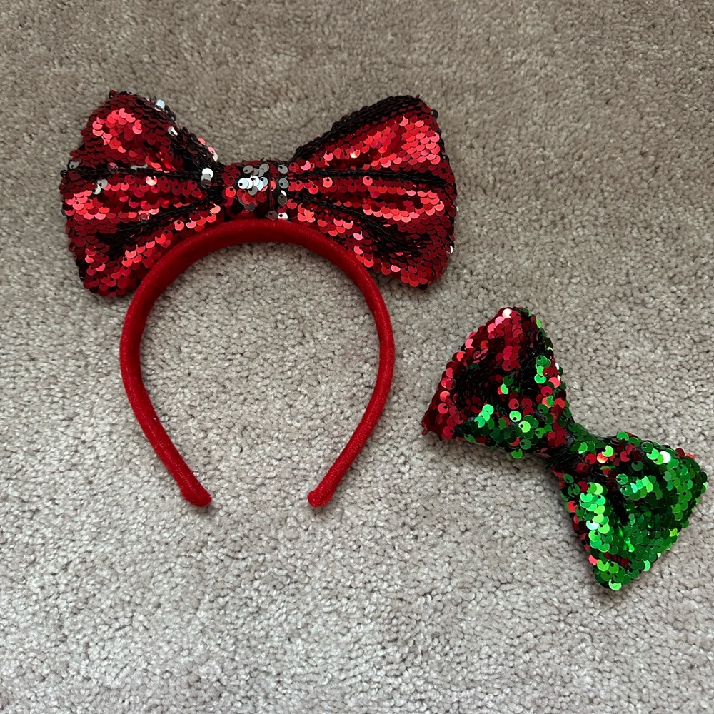 Sequin Red and Green Bow Costume Headband (Adult size)